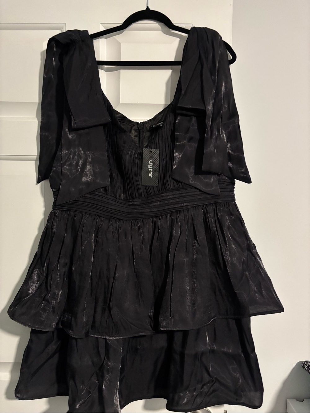City Chic Black Shimmery Tiered Mini Dress with Bow Straps